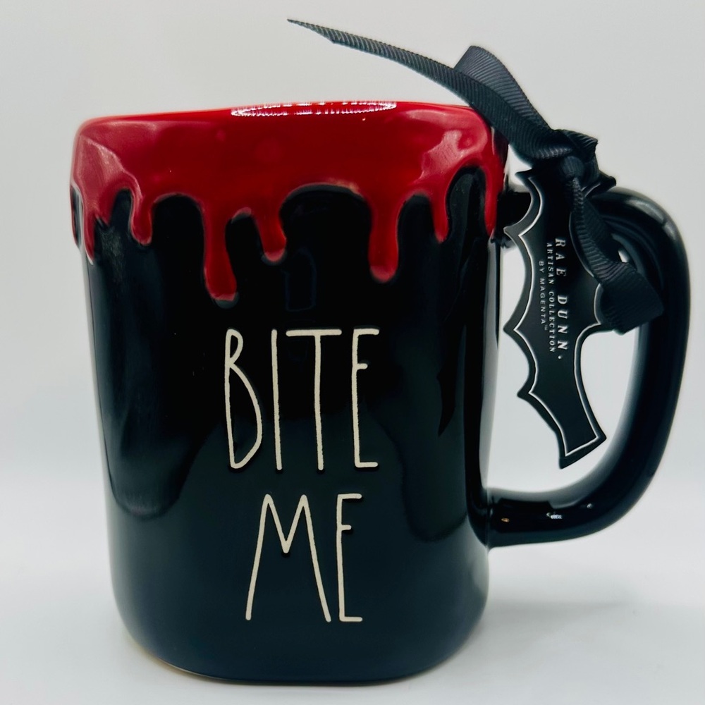 Rae Dunn Black and Red Drip 'Bite Me' Mug
